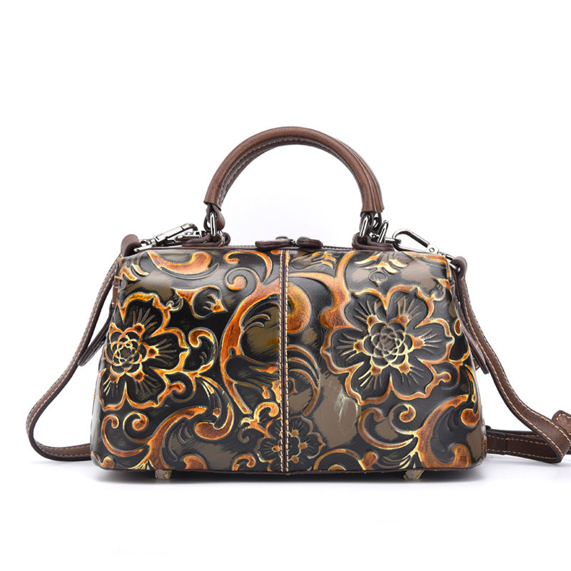 Women's First Layer Cowhide Hand-printed Handbag – Colourful Fashion Casual Leather Bag