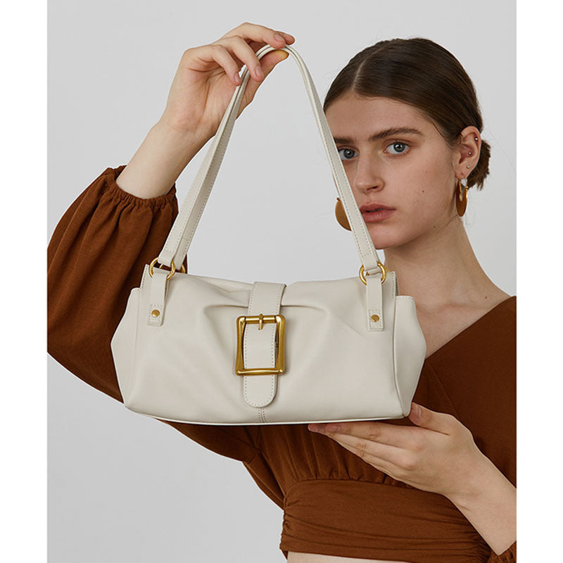 Women's Full-Grain Cowhide Underarm Tote Bag – Soft Genuine Leather Shoulder Bag with Pleats