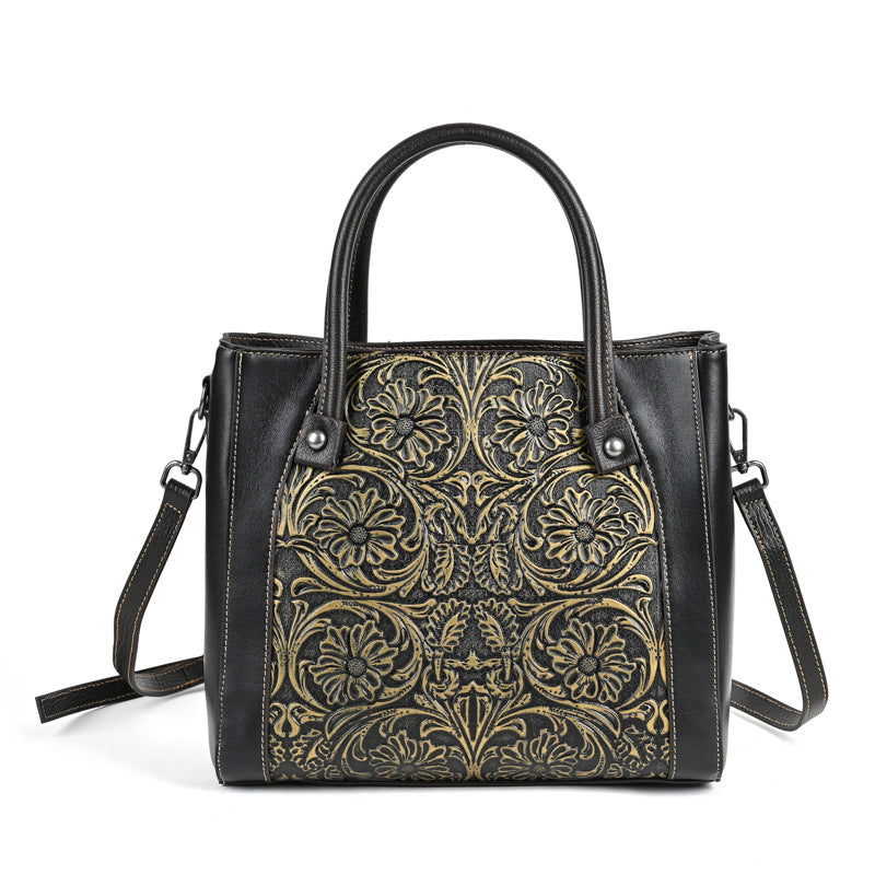 Single-Shoulder Full-Grain Leather Tote Bag – Handcrafted Carved Detail