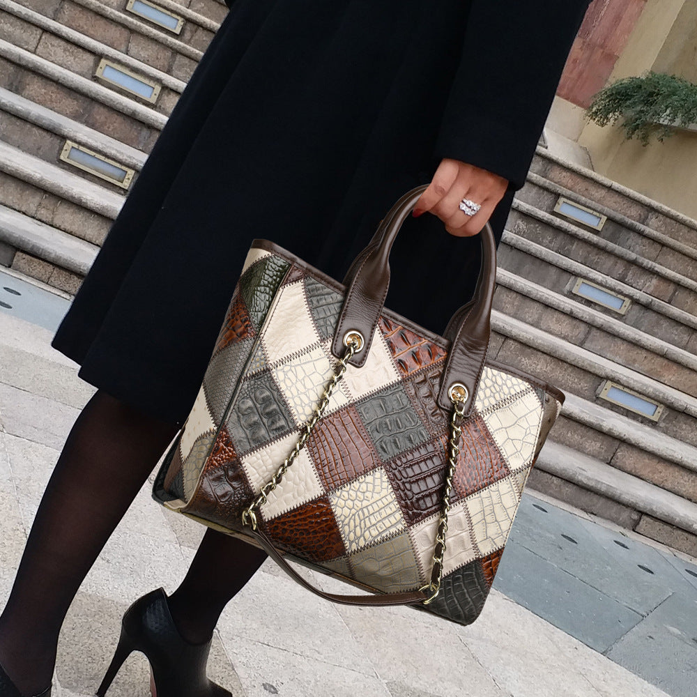 Women's Genuine Leather Contrast Colour Plaid Bag – Light Luxury Trendy Handbag