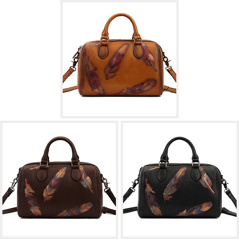 Women's Feather Embossed Leather Casual Bag – Textured Everyday Shoulder Bag
