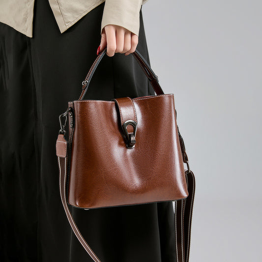 Women's Genuine Leather Bucket Bag – Oil Wax Shoulder & Crossbody Bag