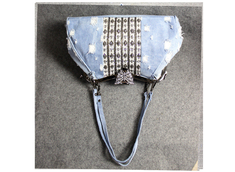 Women's Denim Butterfly Diamond Crossbody Bag – Light Blue Canvas Shoulder Bag