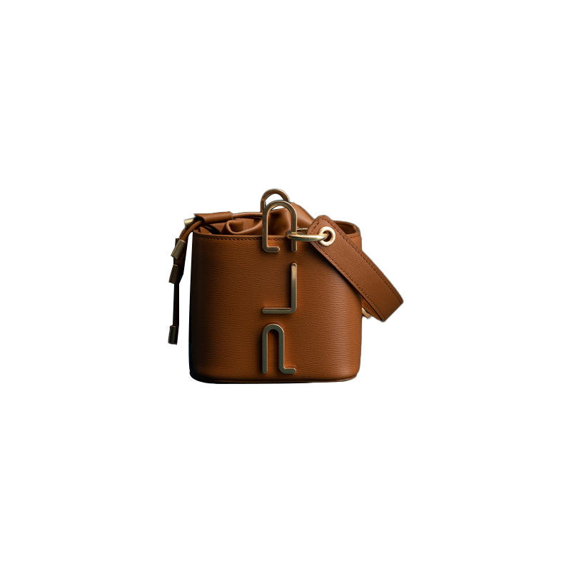 Women's Genuine Cowhide Leather Bucket Bag – Compact Zipper Shoulder Handbag