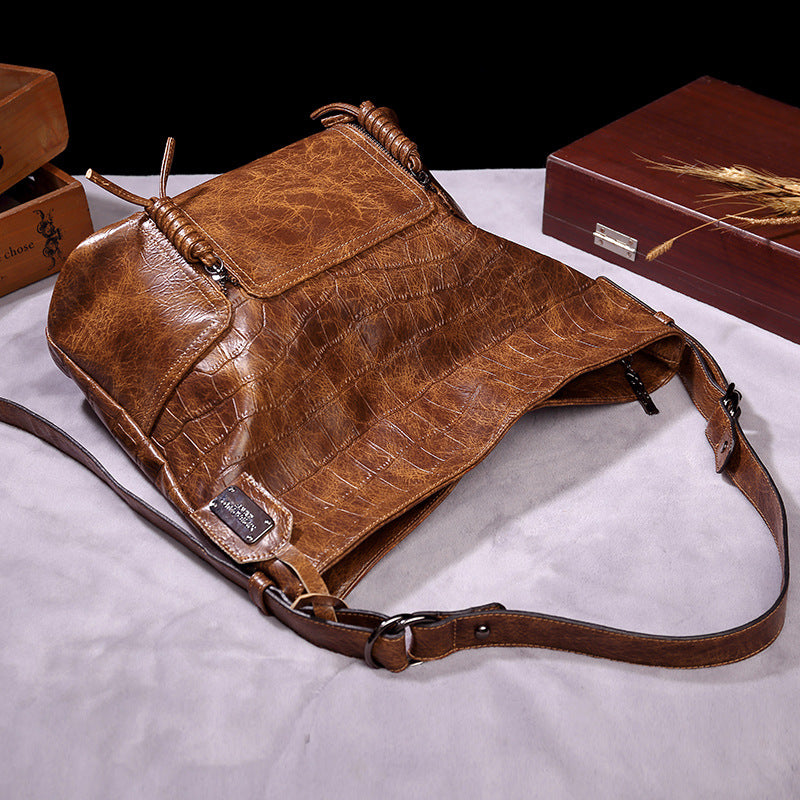 Women's Embossed Genuine Leather Bucket Bag – Retro Underarm Shoulder Crossbody