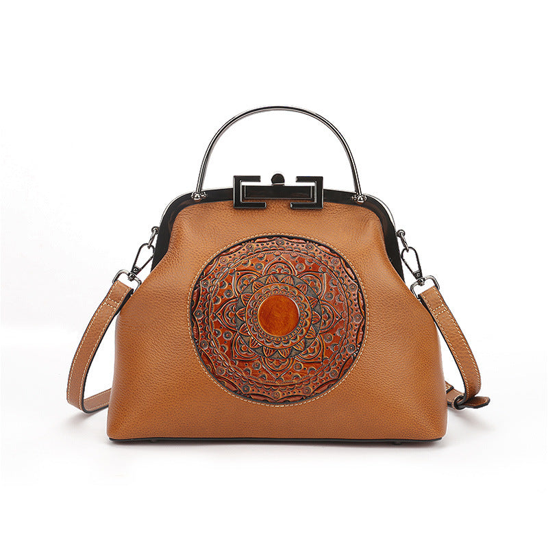 Women's Vintage Totem Embossed Leather Dumpling Bag – Lock Closure Genuine Leather Handbag