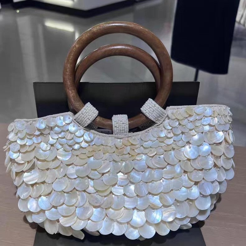 Women's Handmade Natural Shell Bag – Woven PU Square Shoulder Handbag