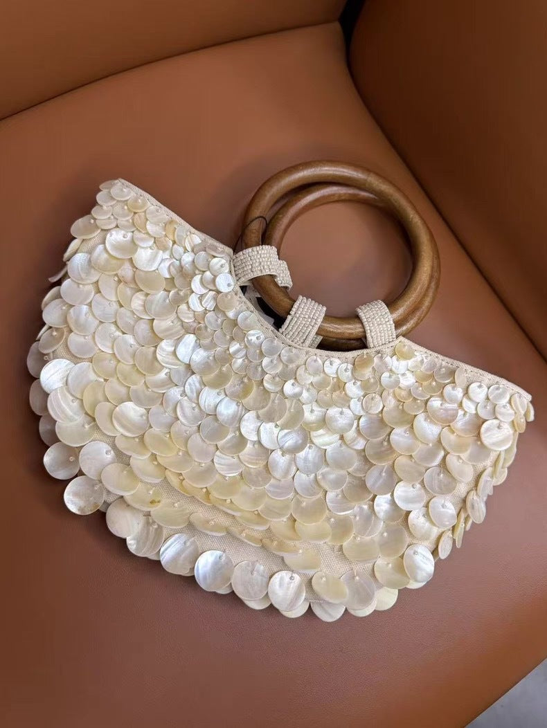 Women's Handmade Natural Shell Bag – Woven PU Square Shoulder Handbag