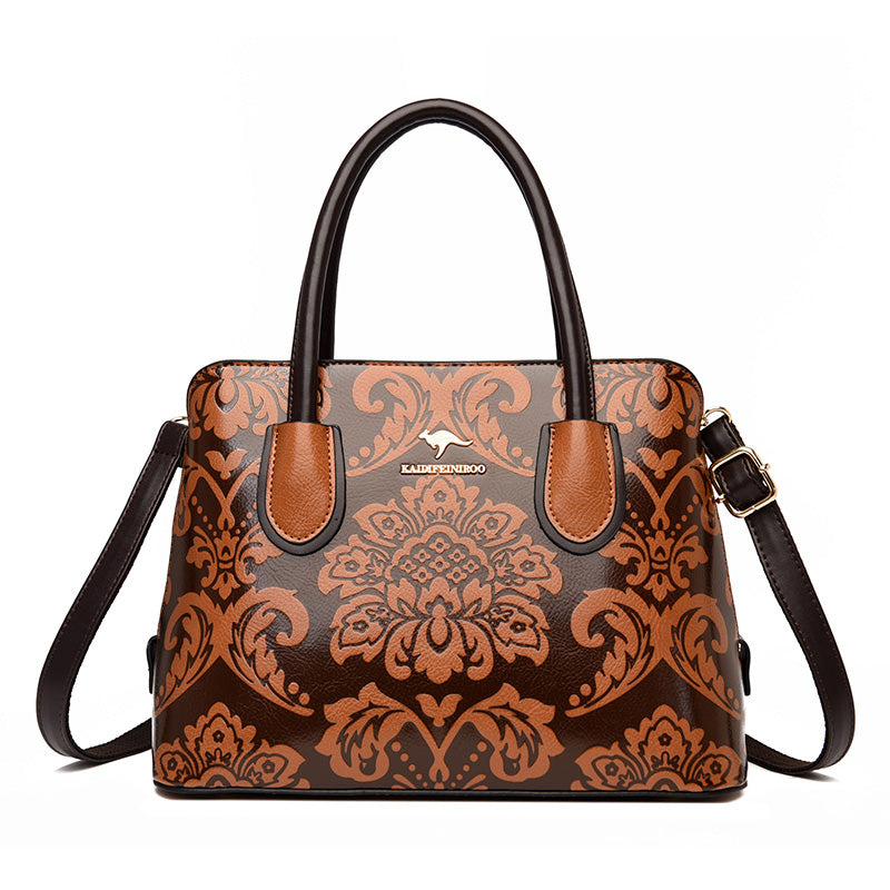 Women's Cowhide Ethnic Floral Embossed Shoulder Bag – Large Genuine Leather Crossbody with Card Bag