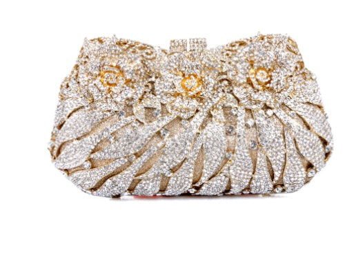 Women's Metal Rose Diamond Crystal Clutch – Hollow Rhinestone Evening Banquet Bag