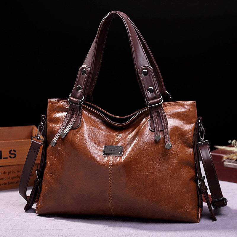 Women's Retro Soft Leather Large Capacity Tote Bag – Casual Shoulder & Crossbody Handbag