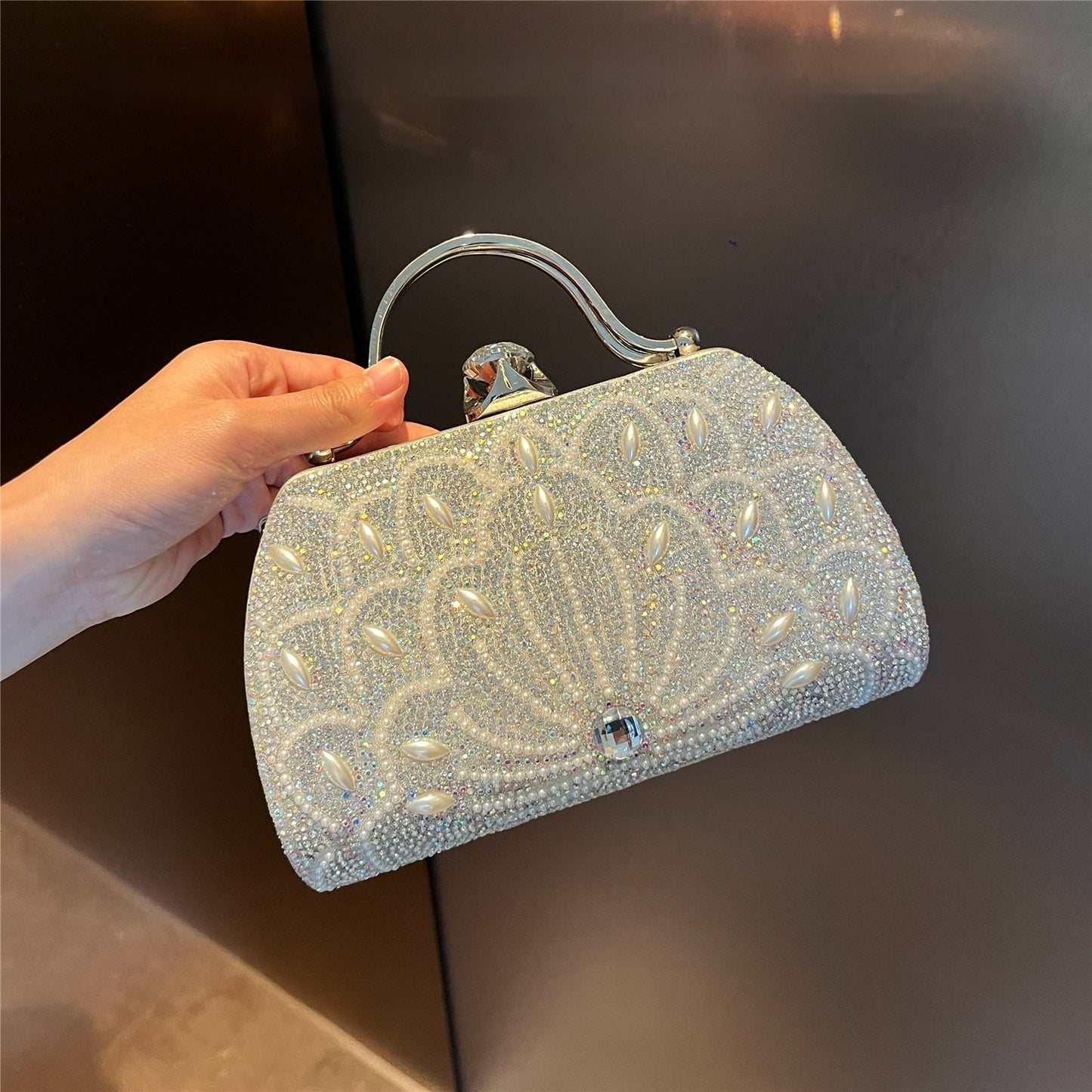 Women's Rhinestone Carved Banquet Bag – Alloy Evening Clutch with Floral Design