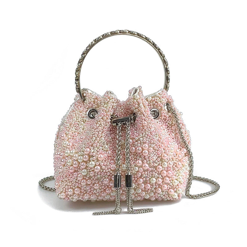 Women's Pearl Bucket Bag – Acrylic Beaded Crossbody with Chain Strap