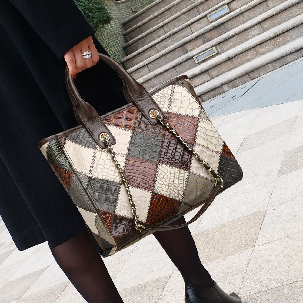 Women's Genuine Leather Contrast Colour Plaid Bag – Light Luxury Trendy Handbag