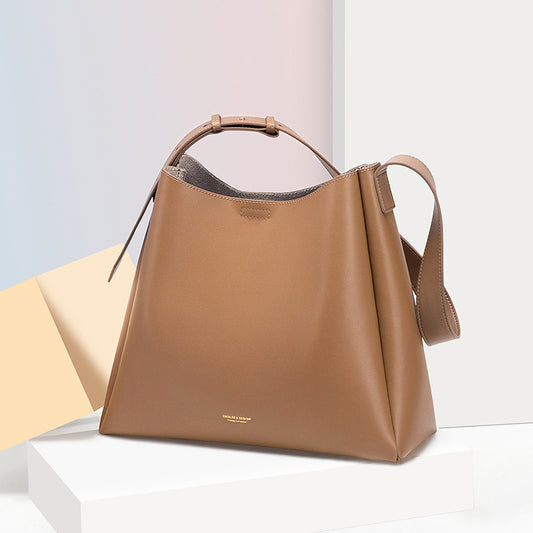 Women's Two-Layer Cowhide Bucket Tote Bag – Large Capacity Genuine Leather Shoulder Bag