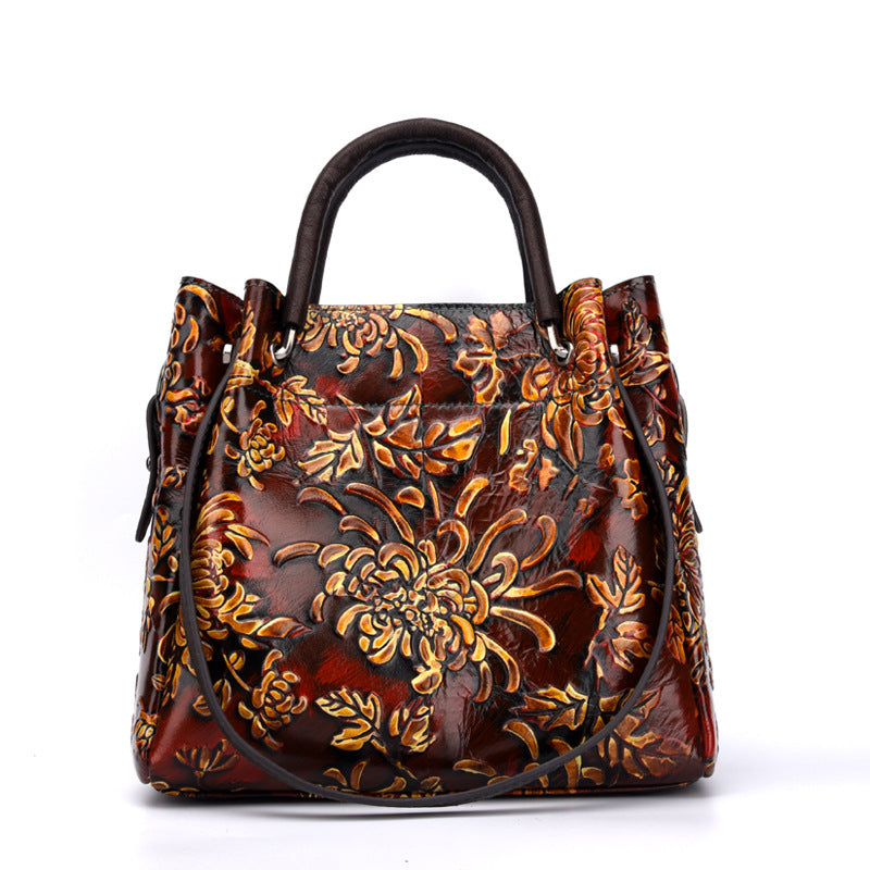 Women's 3D Embossed First Layer Cowhide Messenger Bag – Trendy Leather Crossbody