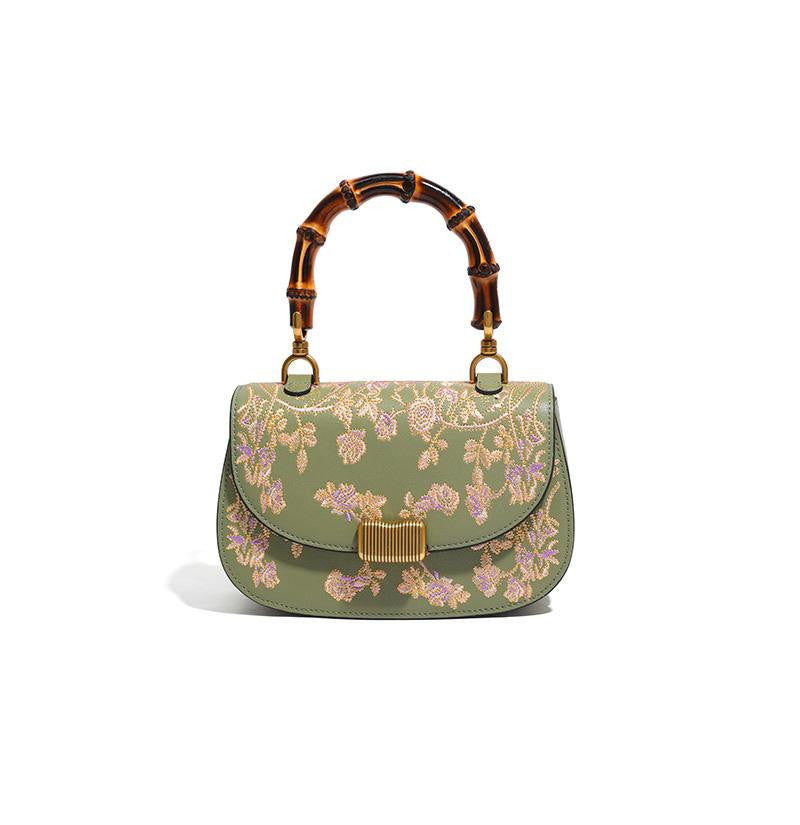 Women's Cowhide Leather Embroidered Bamboo Handbag – Artisan Boho Shoulder Bag