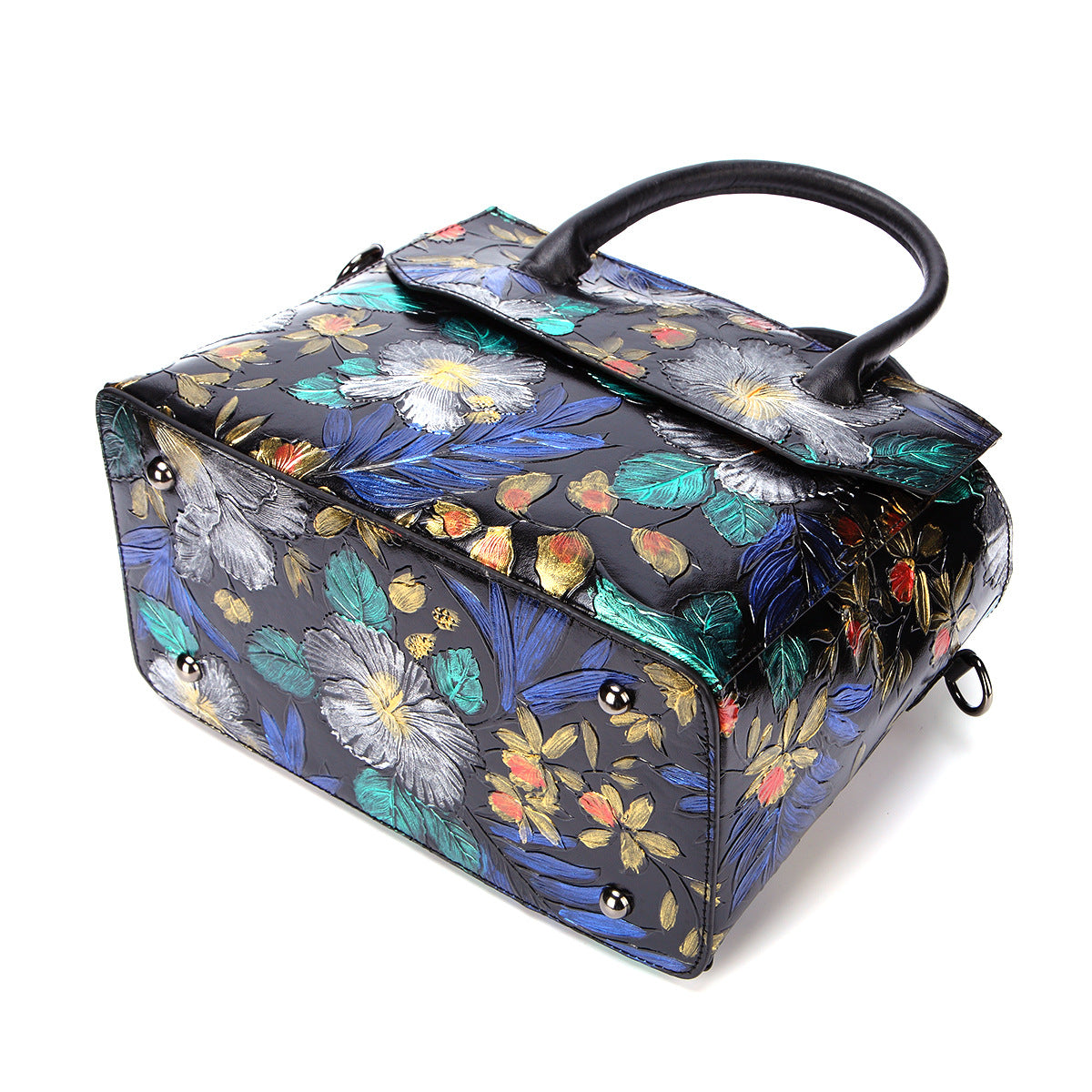 Women's Top Layer Cowhide Hand-painted Retro Handbag – Floral Genuine Leather Shoulder Bag