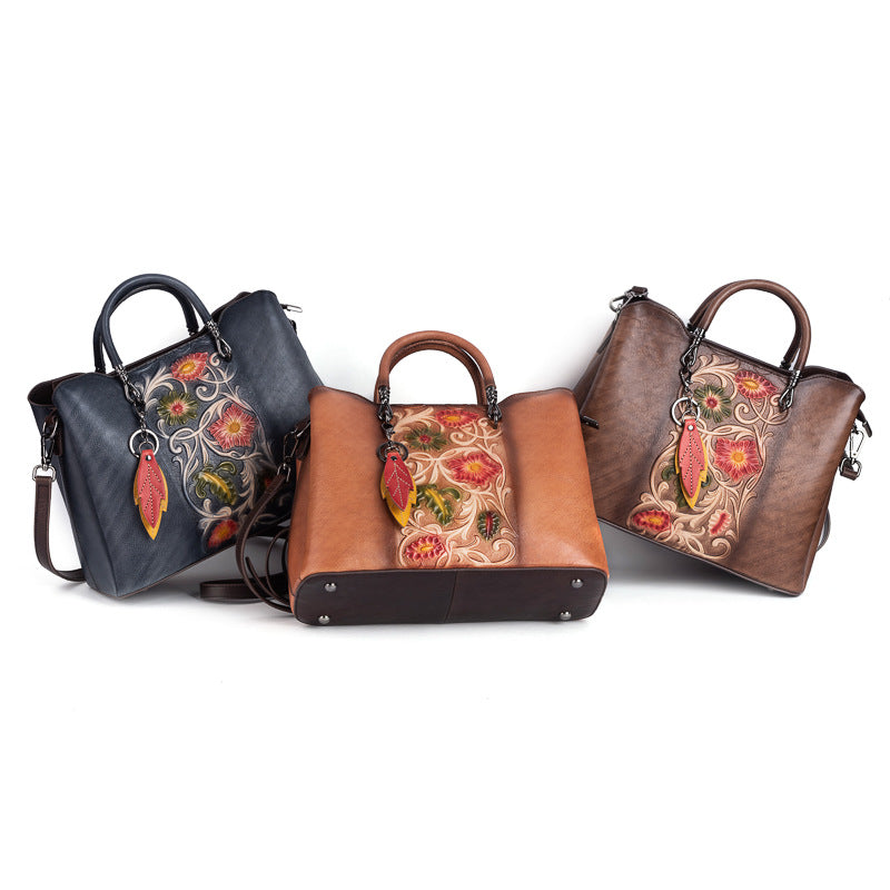 Retro Embossed Genuine Leather Tote Bag – Distressed Large Capacity Shopper