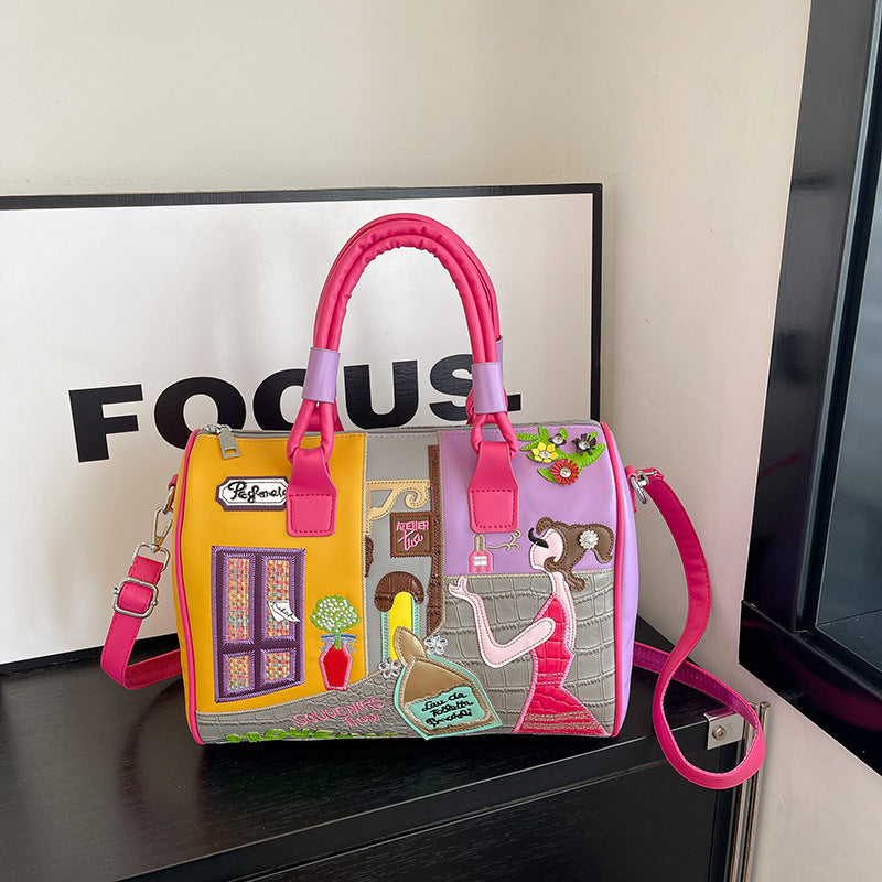 Women's Premium Boston Bag – High-Capacity Embroidered Patchwork Handbag