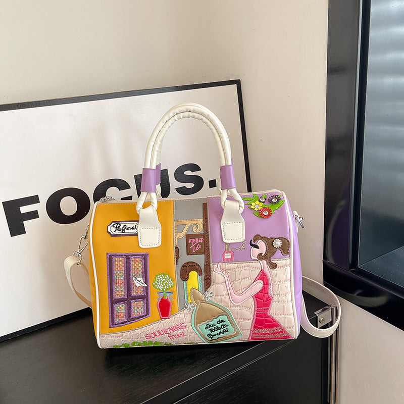 Women's Premium Boston Bag – High-Capacity Embroidered Patchwork Handbag