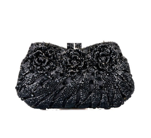 Women's Metal Rose Diamond Crystal Clutch – Hollow Rhinestone Evening Banquet Bag