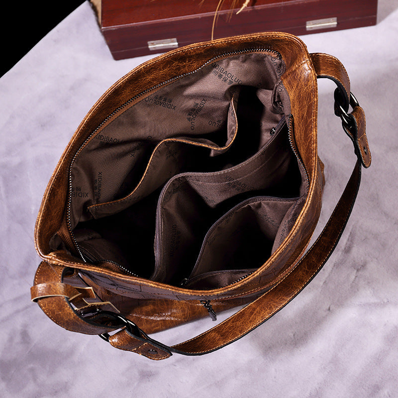 Women's Embossed Genuine Leather Bucket Bag – Retro Underarm Shoulder Crossbody