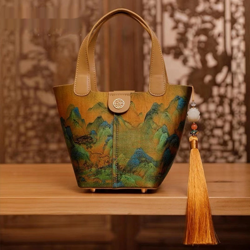 Women's Silk Chinese Style Clutch Bag – Tianxu Vegetable Basket Bag with Tassel & Scarf