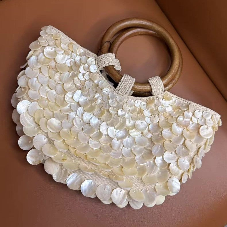 Women's Handmade Natural Shell Bag – Woven PU Square Shoulder Handbag