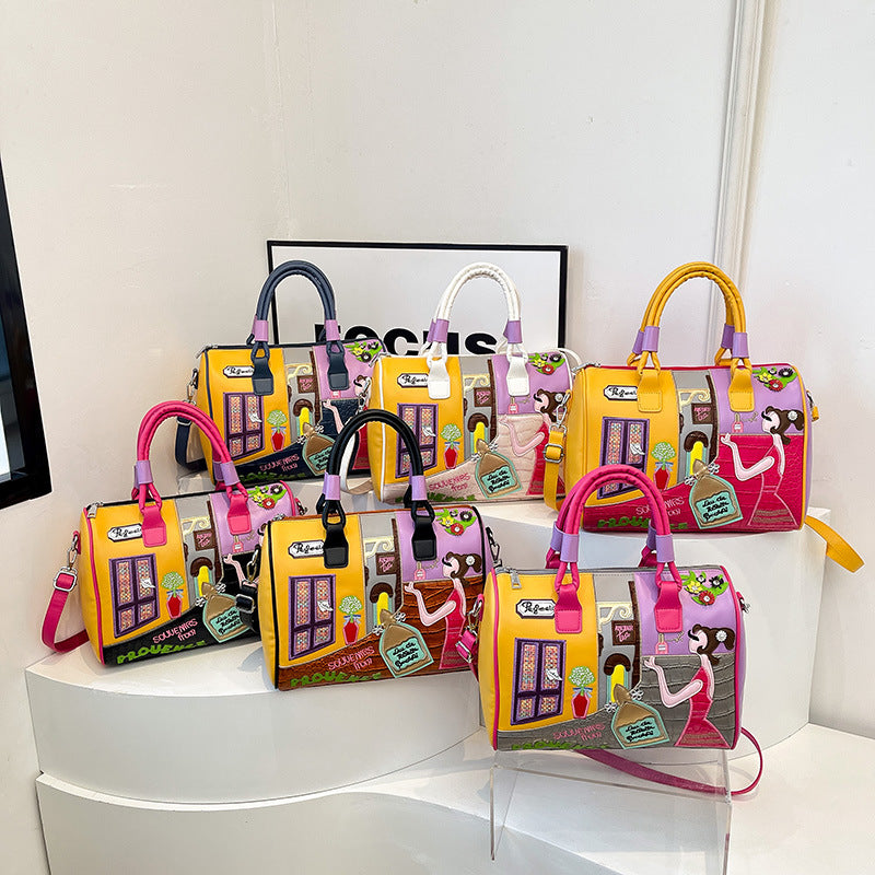 Women's Premium Boston Bag – High-Capacity Embroidered Patchwork Handbag