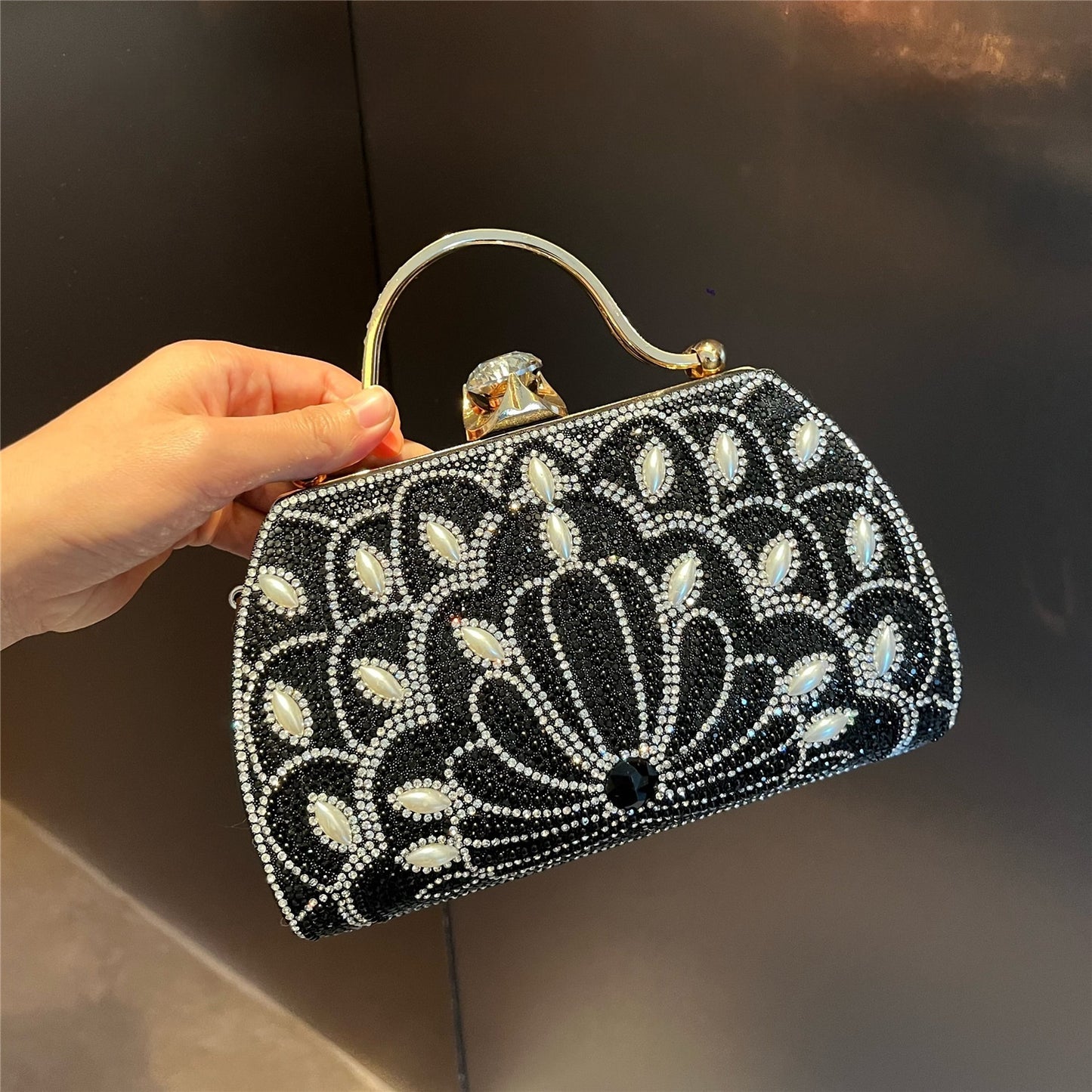 Women's Rhinestone Carved Banquet Bag – Alloy Evening Clutch with Floral Design