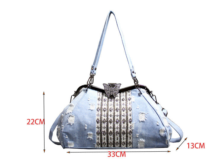 Women's Denim Butterfly Diamond Crossbody Bag – Light Blue Canvas Shoulder Bag
