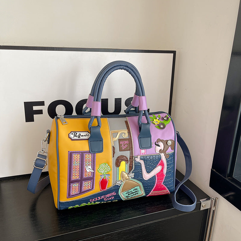 Women's Premium Boston Bag – High-Capacity Embroidered Patchwork Handbag
