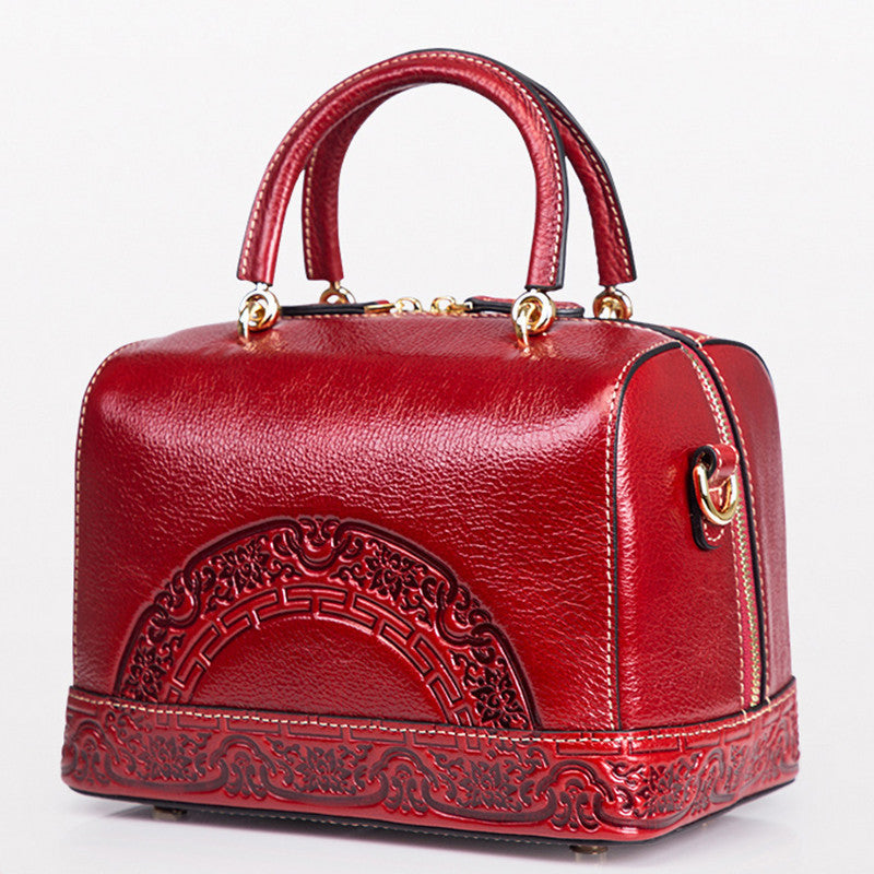 Women's Genuine Leather Embossed Handbag – Spring Fashion Street Trend Bag in Red