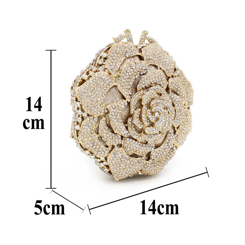Women's Rose Rhinestone Hollow Clutch Bag – Gold Metal Evening Bag