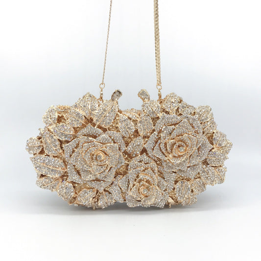 Women's Hollow Rose Diamond Dinner Bag – Crystal Floral Evening Clutch