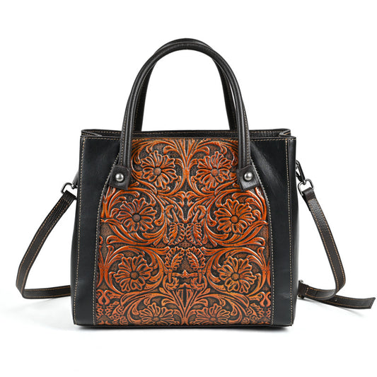 Single-Shoulder Full-Grain Leather Tote Bag – Handcrafted Carved Detail