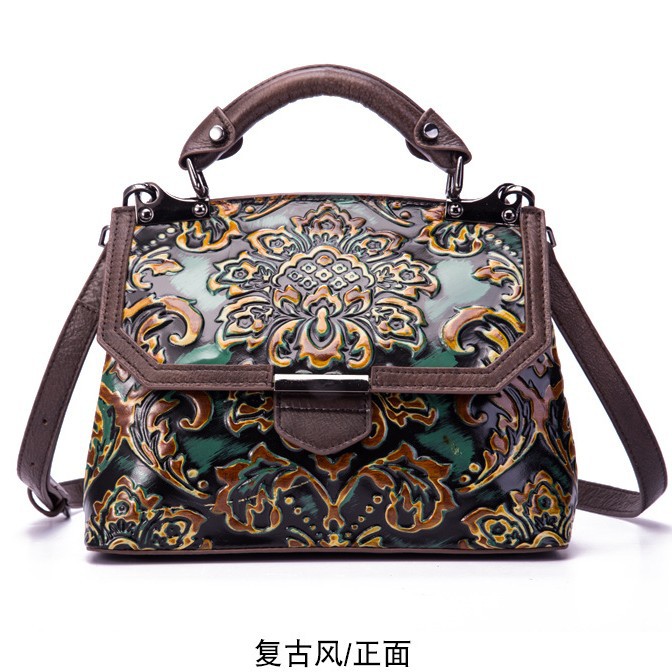 Women's Genuine Leather Floral Embossed Shoulder Bag – Retro National Style Messenger Bag