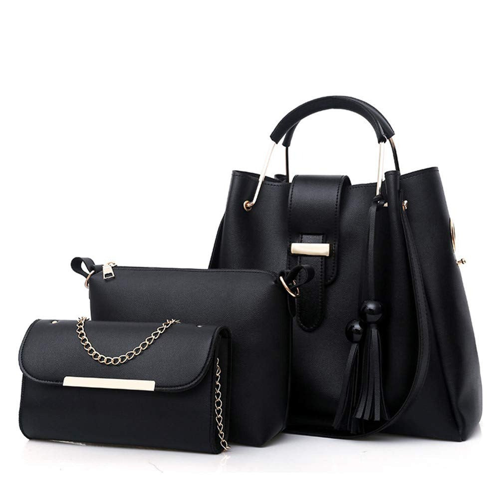 Women's 3-Piece Tassel Handbag Set – Tote, Crossbody & Clutch in Synthetic Leather