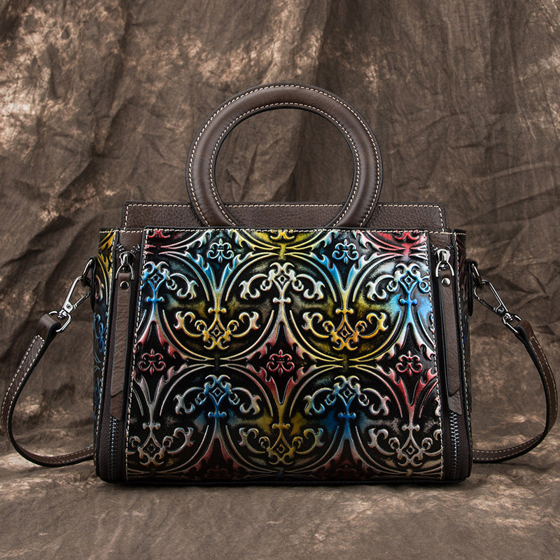 Women's Retro First-Layer Cowhide Embossed Shoulder & Crossbody Bag – Genuine Leather Handbag