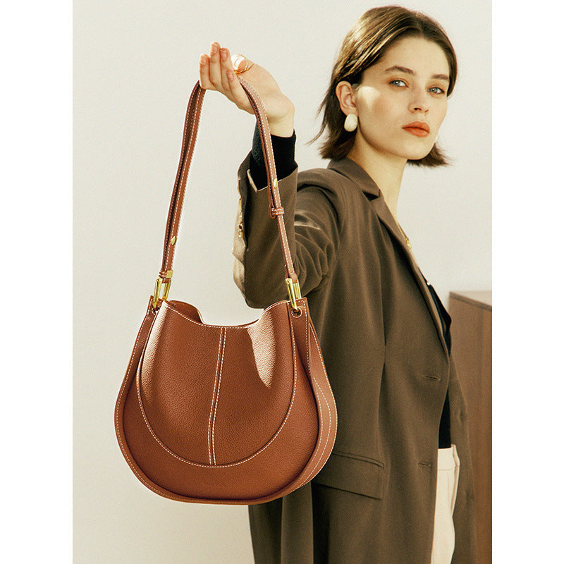 Women's Top Grain Leather Crossbody Bag – Niche Luxury Round Shoulder Handbag