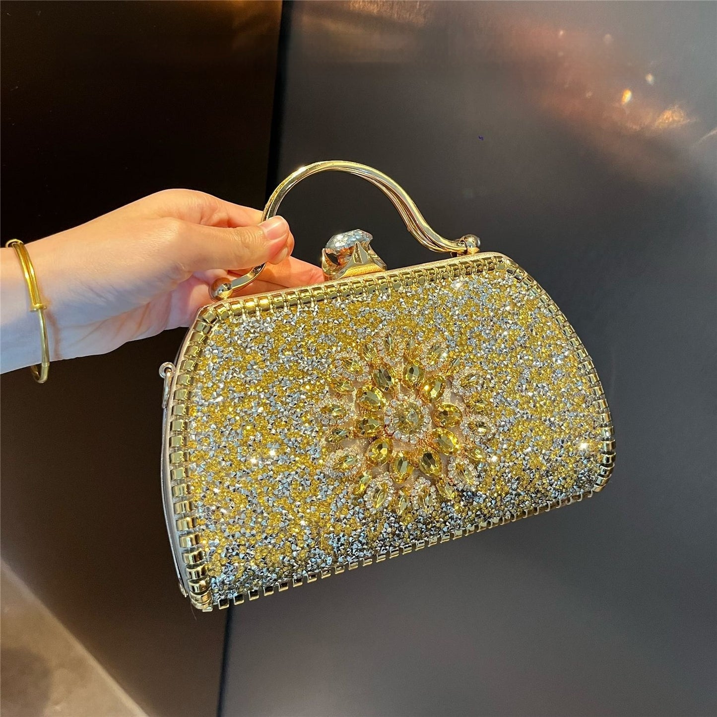 Women's Rhinestone Carved Banquet Bag – Alloy Evening Clutch with Floral Design