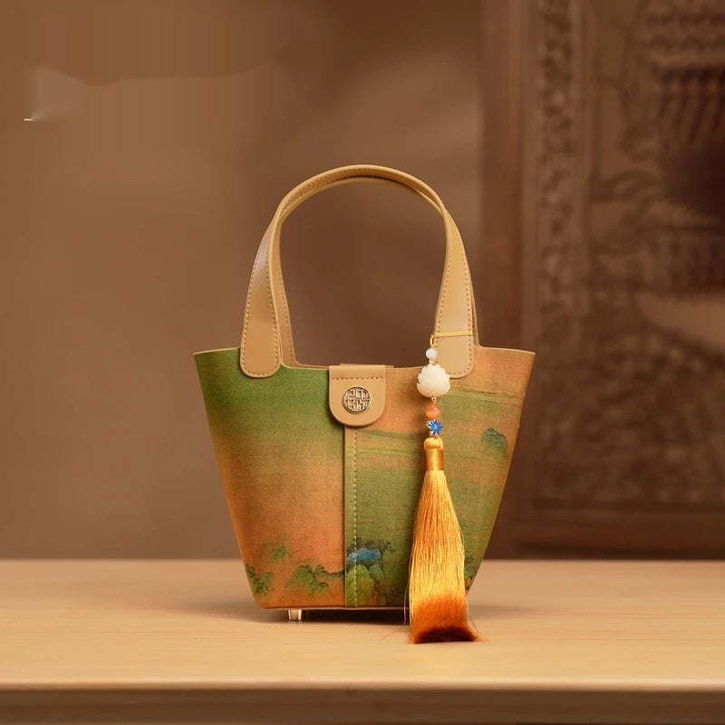Women's Silk Chinese Style Clutch Bag – Tianxu Vegetable Basket Bag with Tassel & Scarf