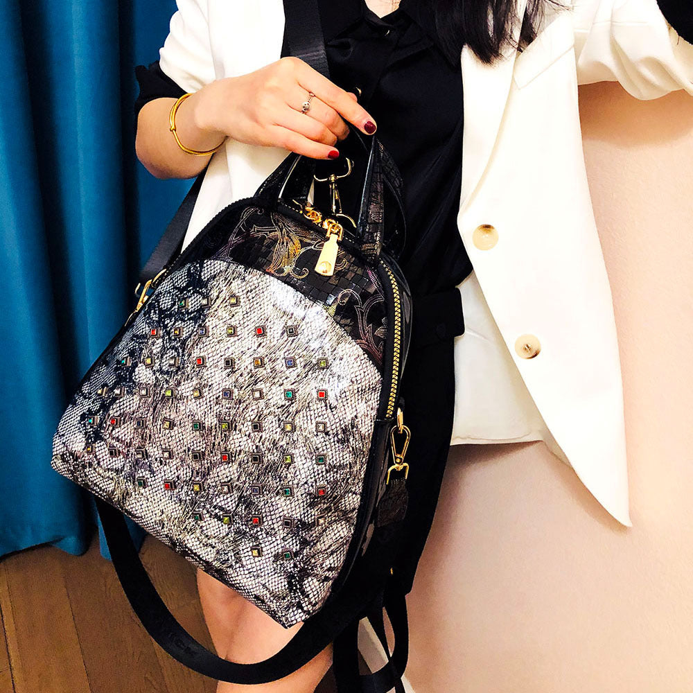 Women's Top Layer Cowhide Shell Backpack – Rhinestone Snake Pattern Genuine Leather Bag