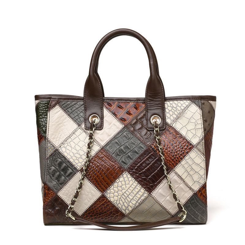 Women's Genuine Leather Contrast Colour Plaid Bag – Light Luxury Trendy Handbag