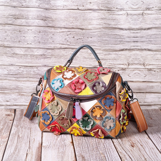 Women's Full-Grain Leather Floral Patchwork Tote Bag – Contrast Colour Quilted Shoulder Bag