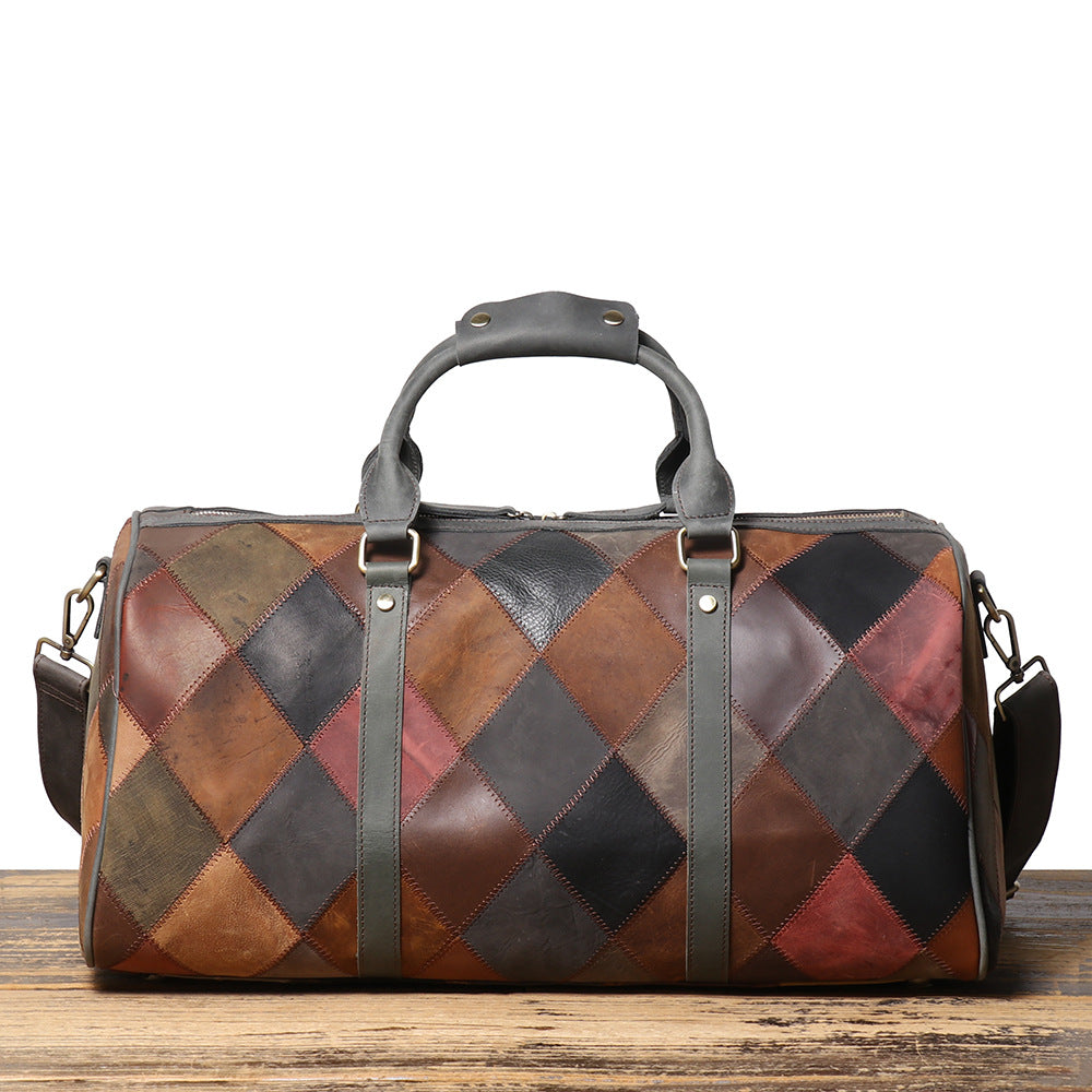 Vintage Genuine Leather Travel Bag – First Layer Cowhide Rhombus Holdall for Men & Women