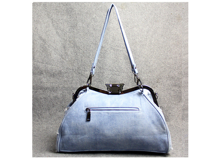 Women's Denim Butterfly Diamond Crossbody Bag – Light Blue Canvas Shoulder Bag