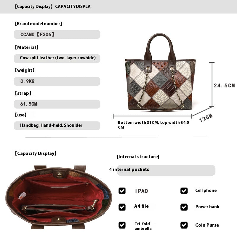 Women's Genuine Leather Contrast Colour Plaid Bag – Light Luxury Trendy Handbag