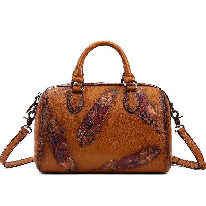 Women's Feather Embossed Leather Casual Bag – Textured Everyday Shoulder Bag